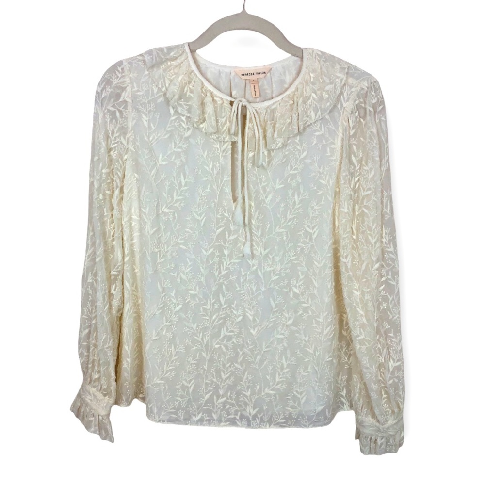 REBECCA TAYLOR Floral Silk Ruffle Cream Victorian Blouse size 4